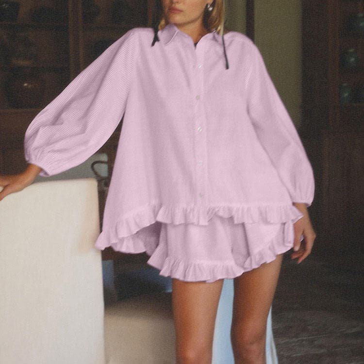 Wenshuo Ruffled Long Sleeve Top Wholesale Loose Fitting Shorts Custom logo Casual Women Suit Factory Direct