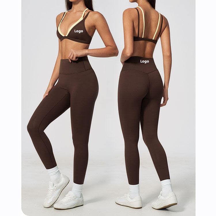 Brushed Nylon Spandex Nake Feeling Workout Set 2 in 1 Block Color Bra and Legging 2 Piece Yoga Set