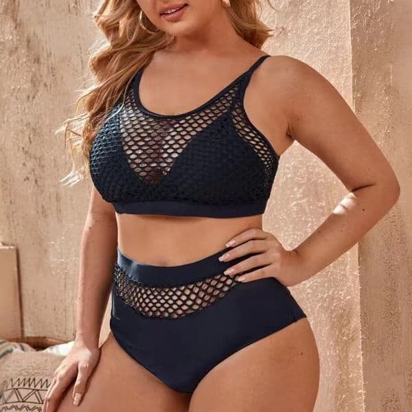 Explosive Large Size Lace Hollow Carved Design Mesh Ladies Split Bikini Swimwear