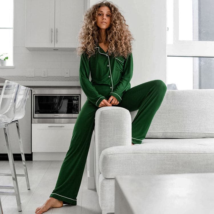 Autumn New Long Sleeved Knitted Nightwear Contrast Panel Pants Two Piece Fashion Outwear Women's Home Furnishing
