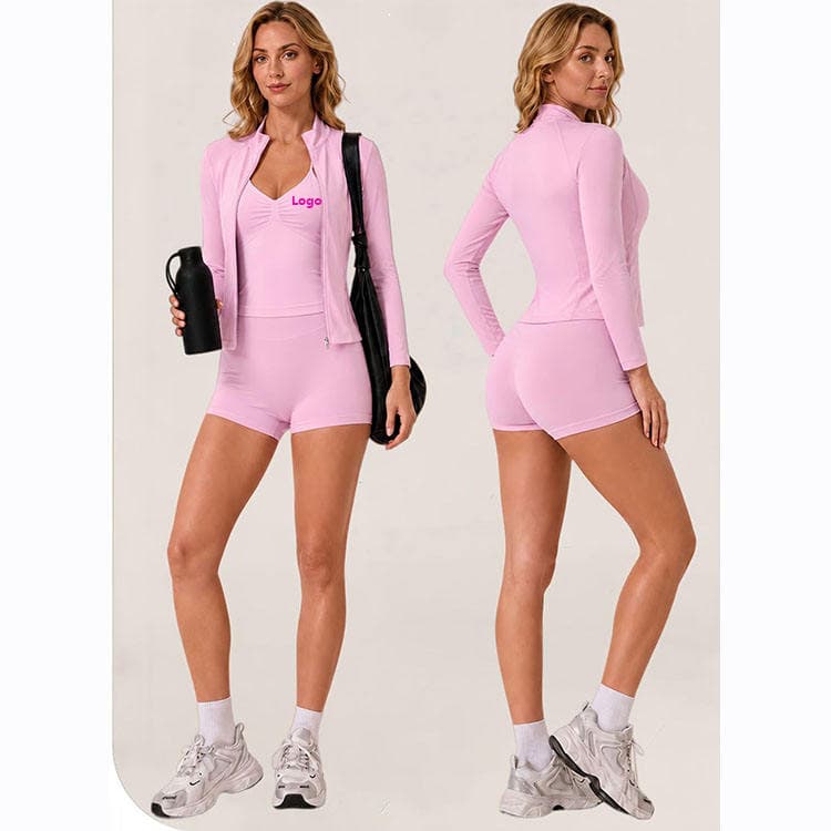 90 Nylon 10 Spandex Seamless Activewear Quick Dry Top and Shorts with Long Sleeves Zip Jacket 3 Piece Yoga Set