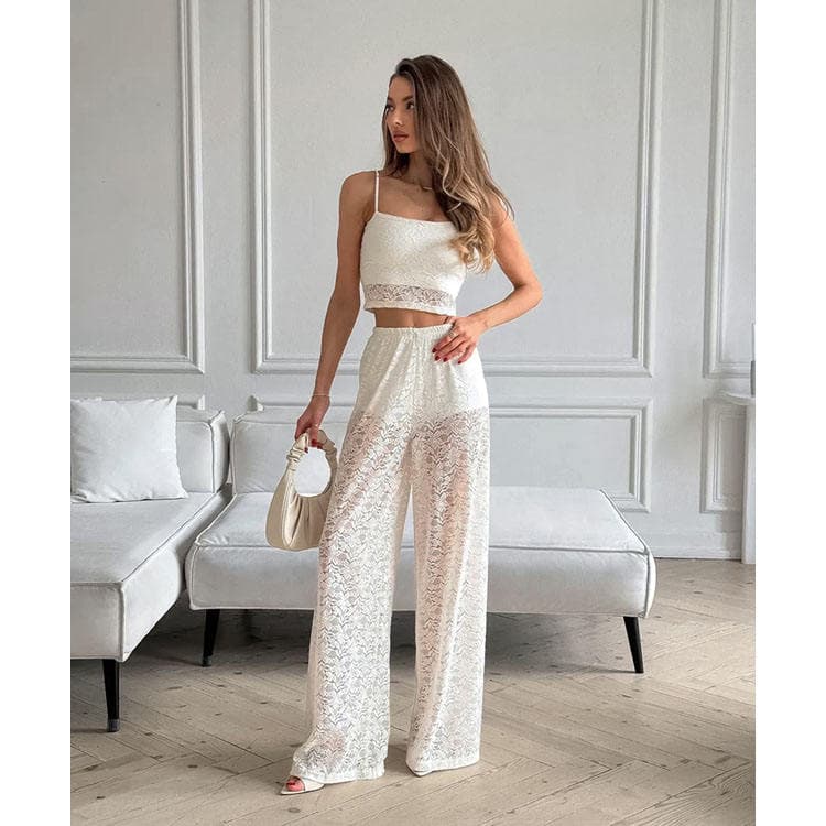 Wenshuo Fashion Cami Crop Top Wholesale Loose Breathable Trousers Custom logo Women Lace Set Factory Directly