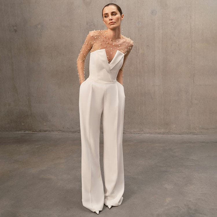 Wenshuo Sheer Beaded Top Wholesale Stylish Women Set Custom logo Elegant Women Suit Factory Directly