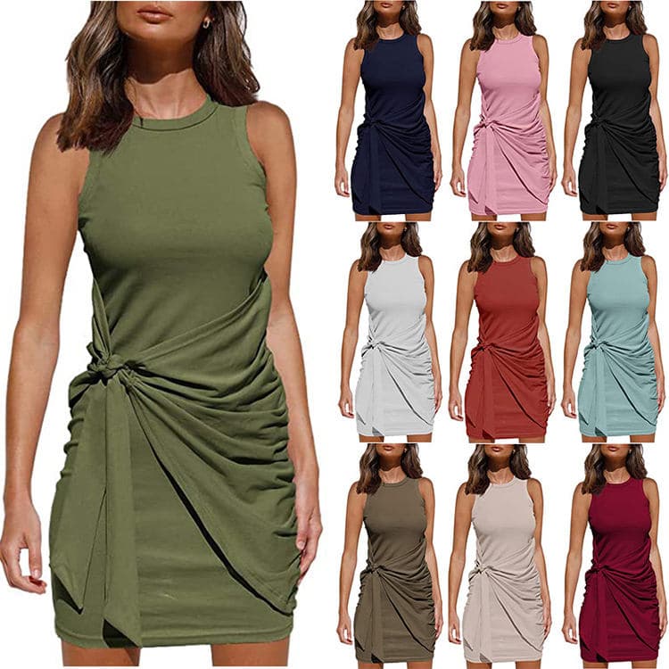 The Best-selling Sleeveless Round-neck Bow Dress With Irregular Belt Dress