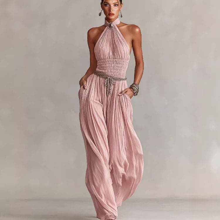 Wenshuo Sexy Halter Jumpsuit Wholesale Pleated Set Custom logo Stylish Wide Leg Trousers Factory Directly