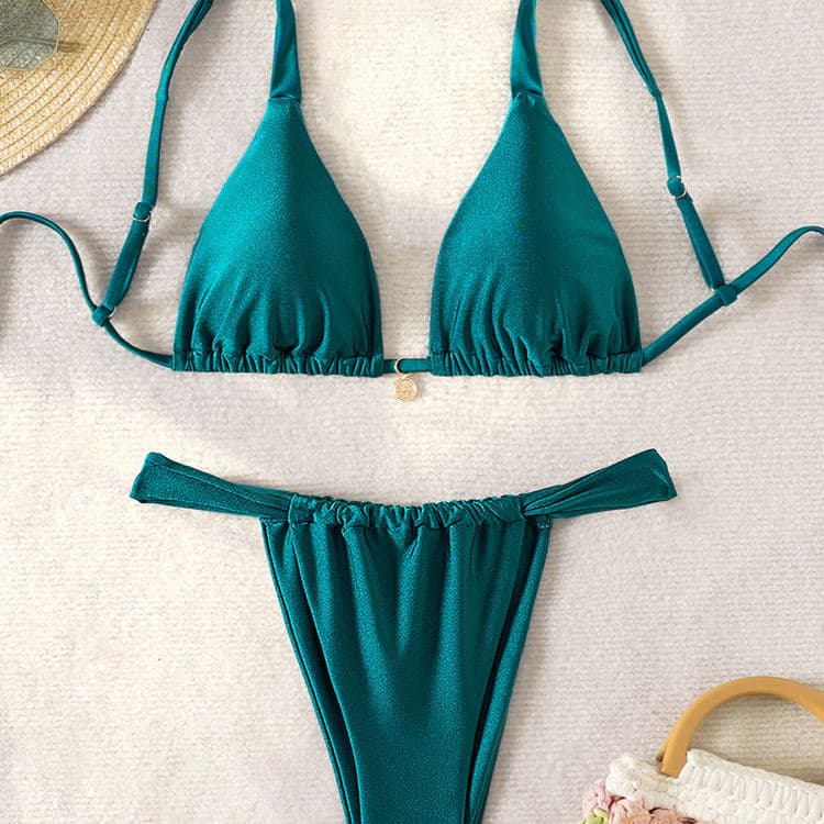 2024 Sexy High Cut Swimsuit Women Sexy New Solid Color Triangle Throng Nylon Strap 2 Piece Bikini