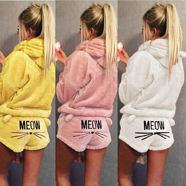 New Autumn Cat Embroidered Pajamas Women Two Piece Pajamas Hooded Casual Pajamas Set