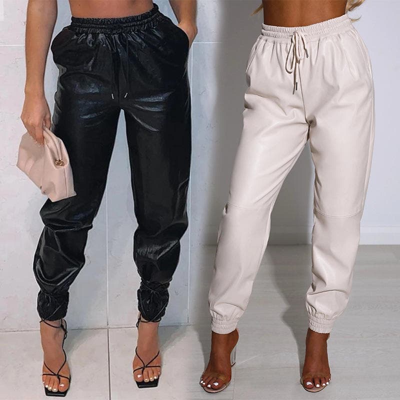 New Fashion Harem Pants Solid Color Casual Pants Elastic Waist Leather Pants
