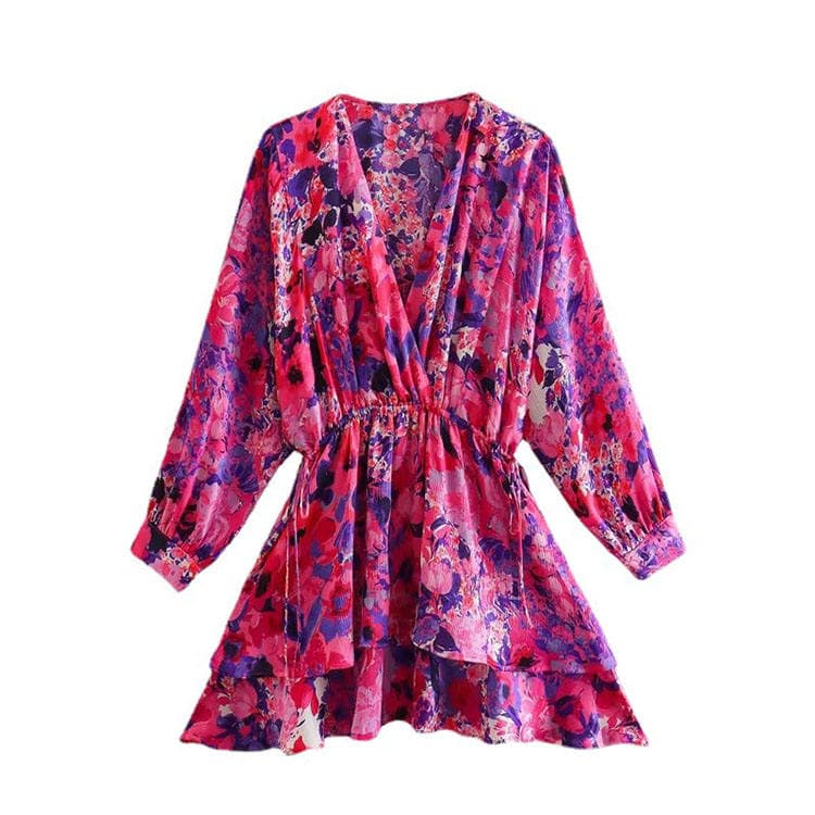 2023 New Fashion V Neck Long Sleeve Waist Printed Ruffled Casual Dress
