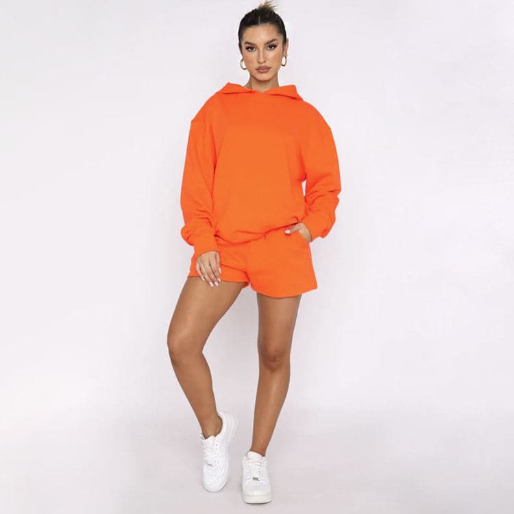Autumn New Solid Color Pullover Sweatshirt Set Hooded Long Sleeve Casual Set Fashion Shorts Set