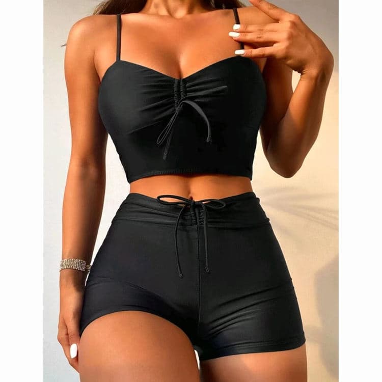 2025 New Sexy 2 Piece Set High Waist Bikini Solid Print Color Conservative Swimsuit With Shorts