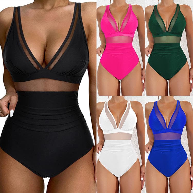 New Solid Color Mesh Bikini Sexy Backless Swimwear V-neck One Piece Swimsuit
