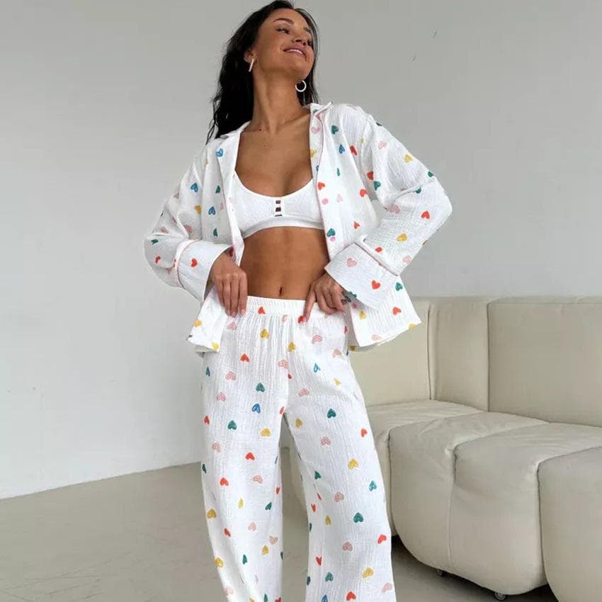 Colorful Soft Trousers Factory Directly Pure Cotton Pajamas Manufacturer Heart Print Pajamas Two Piece Set