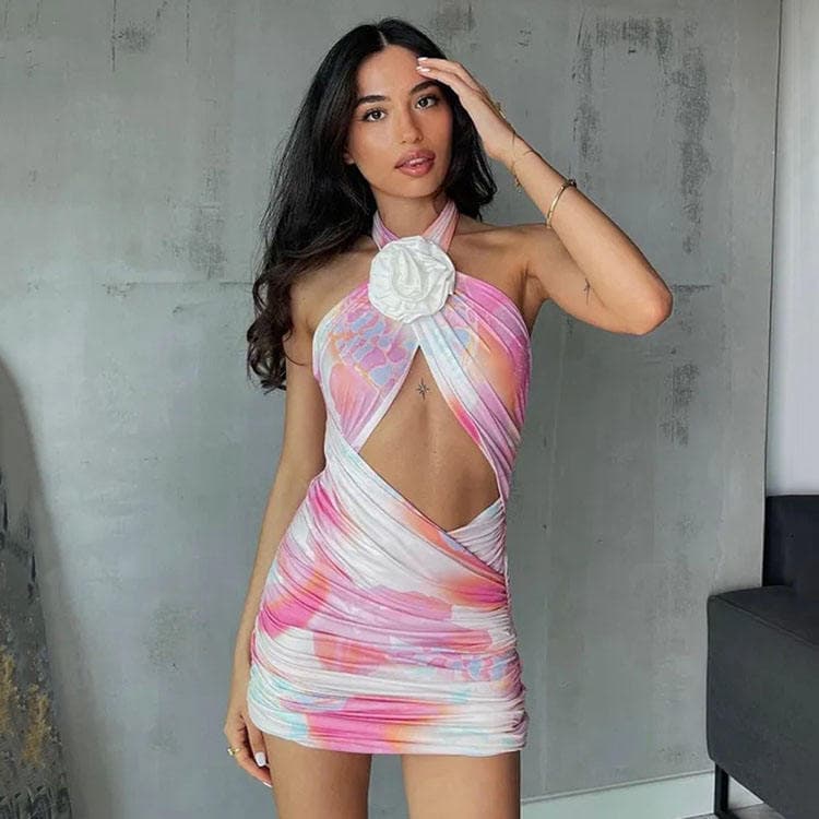 2023 New Club Sexy Dress 3D Flower Lace up V Neck Hollow Out Dress Satin Slim Ruched High Waist Pink Mini Dress