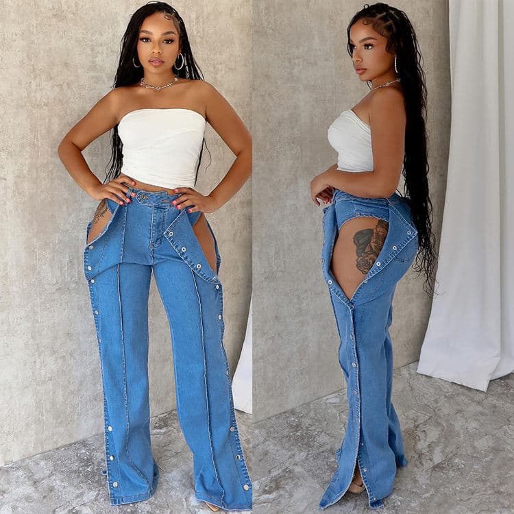 New High Waist Jeans Fashionable Street Double Button Closed Casual Pants