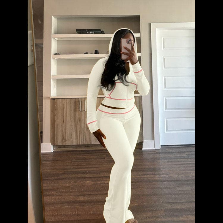2025 Waffle Texture Line Pattern Suit Long Sleeves with Hood and Flared Leg Women Casual Suit Women Sportswear Two Piece Set
