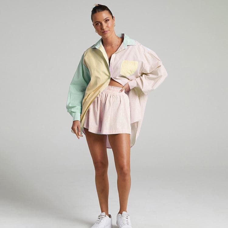 New Striped Patchwork Design Shirt Set Long Sleeved Shirt Shorts Set Casual Short Set for Women
