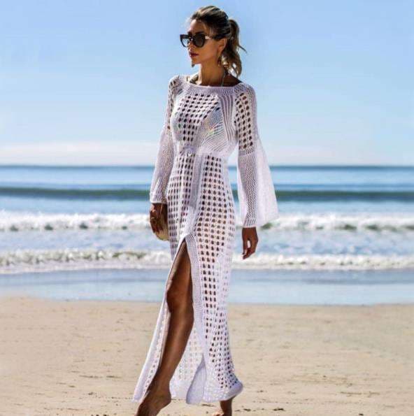 Sexy Hollow Knitted Beach Dresses Holiday Swimwear Cover Ups Sunscreen Beach Dresses