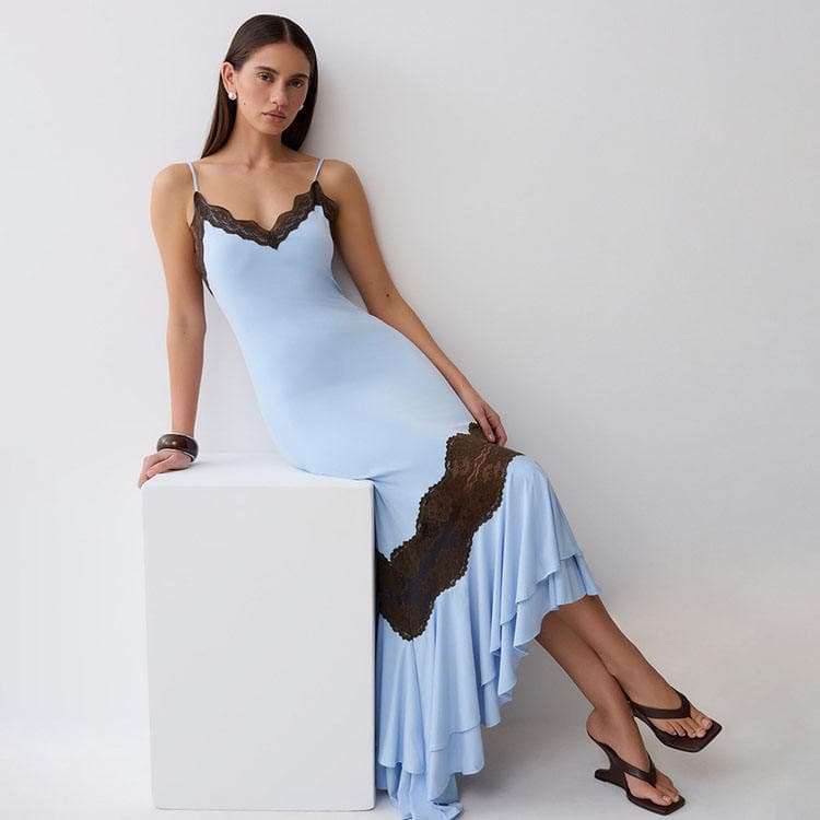 Wenshuo New Arrival Sexy Backless Lace Trim Halter Dress Asymmetry Color Block Women Casual Dress V Neck Sleeveless Casual Dress