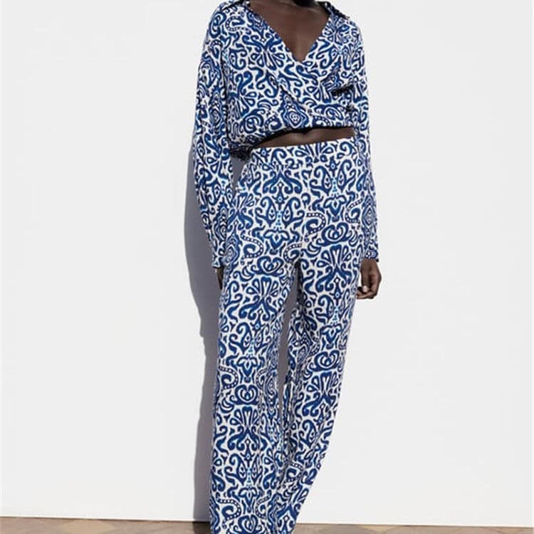 2023 Summer New Printed Shorts Wrapped Top Straight Printed Trousers Suit Women
