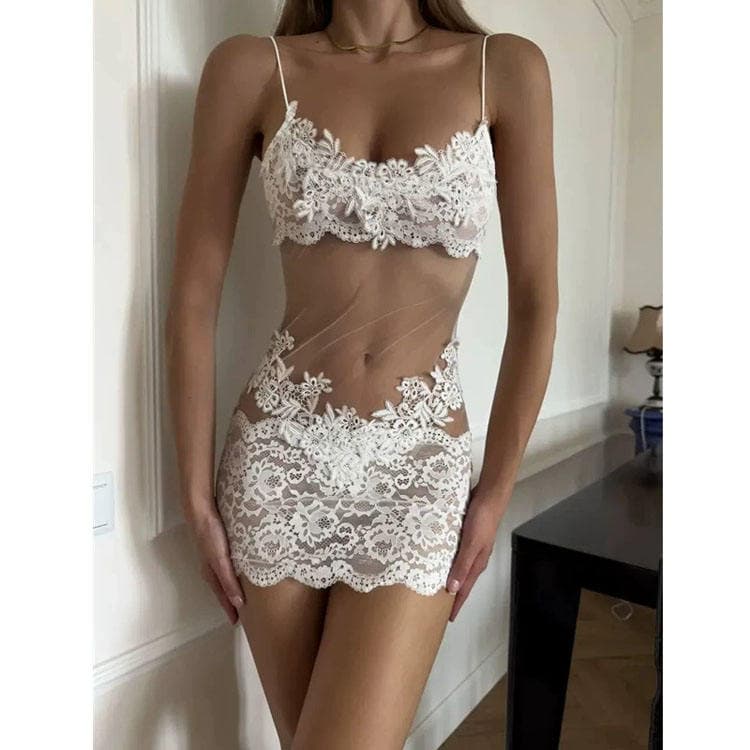 Wenshuo Lace Camisole Dress Wholesale Sheer Floral Dress Custom logo Mesh Mini Dress Factory Directly
