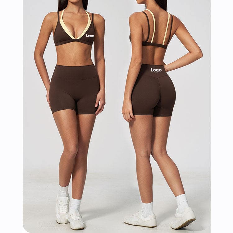 Nude Feeling Nylon Spandex Workout Set 2 in 1 Block Color Bra and Shorts 2 Piece Yoga Set