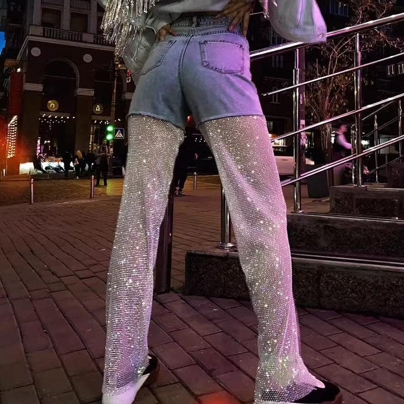 New Diamond Hollowed Jeans Rhinestone Design Casual Pants Straight Jeans