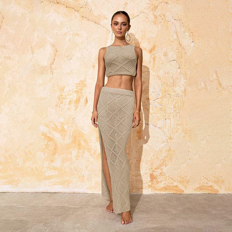 2024 Beach Suit Women Solid Color Sexy Knitted Hollow Bikini Swimsuit Cover Ups Two Piece Set