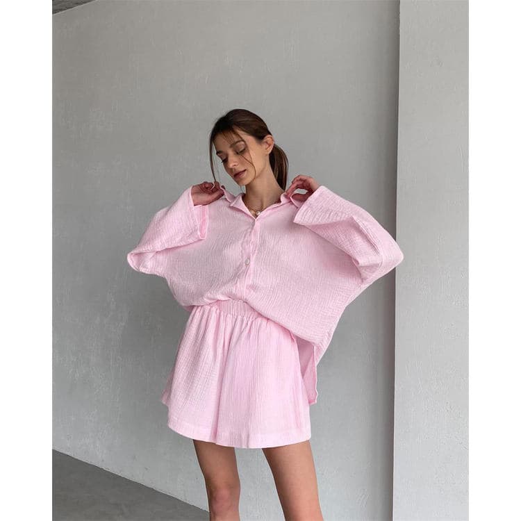 2023 Simple Fashion Cotton Linen Pleated Long Sleeve Top and Shorts Pajamas Lounge Wear Women Set Suits