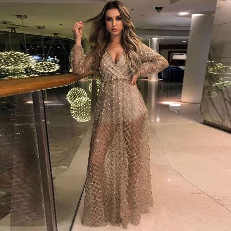 Elegant Sexy 2023 Womens Evening Dress Deep V Neck Long Sleeve Dress Hollow Out Backless Shiny Sequin Dress Lady