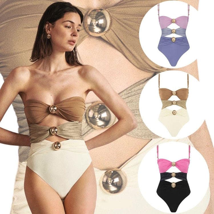 2024 Designer One Piece Swimsuit Gold Button Color Matching Three Color Sexy Swimsuit Suit for Women
