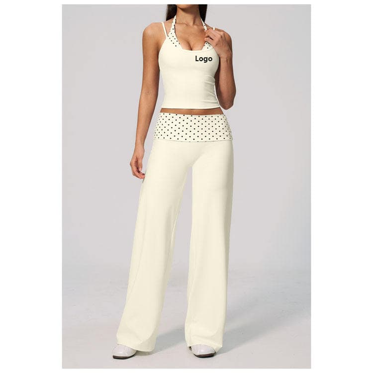 78 Nylon 22 Spandex Brushed 2 in 1 Dots Tank Top and Wide Leg Pants Yoga Set