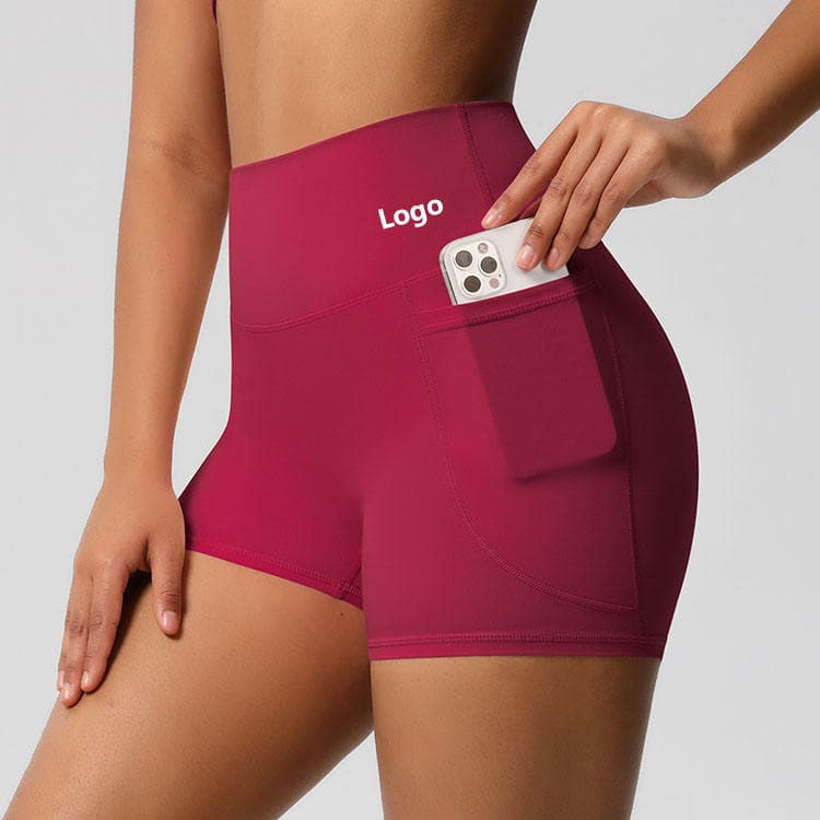 Brushed Nylon Spandex Outdoor Running Shorts High Waist Yoga Shorts with Pocket