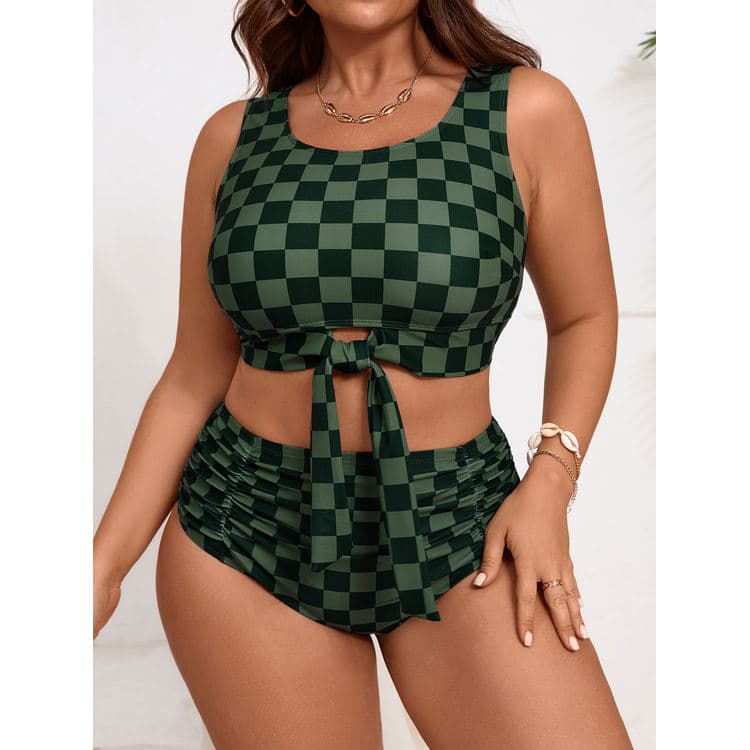 New High Waisted Plus-Size Swimsuit Sexy Tie-Side Bikini Checkered Pattern Hot Spring Vacations Swimwear for Women