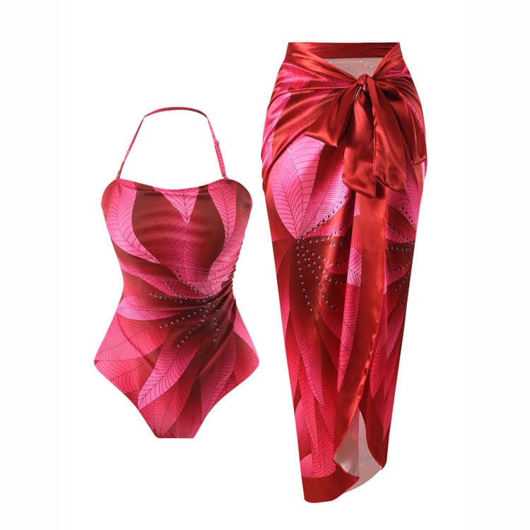 2024 Red Neck Halter Sexy Solid Color Printed Bikini Set New Hot Sale Ins Tik High Quality Swimwear Set