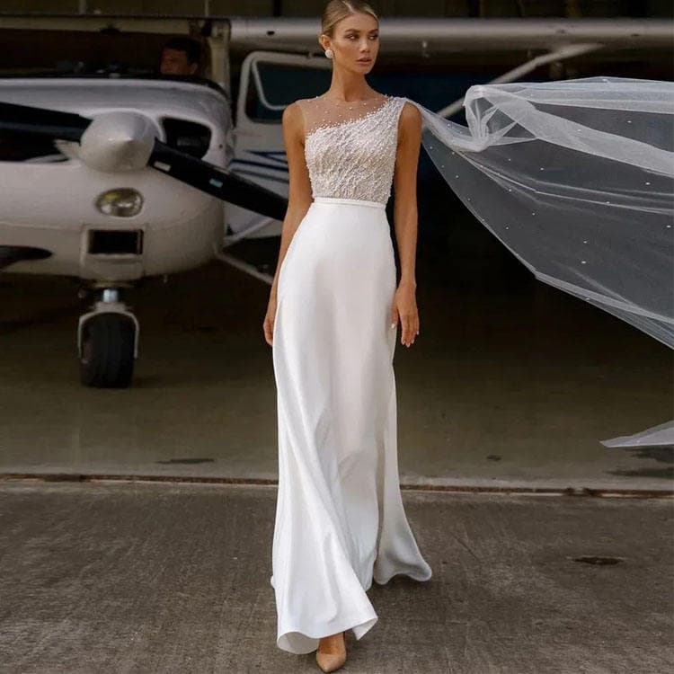 Wenshuo Solid Color High Quality Evening Gown Pearl Mesh and Satin Patchwork Elegant Evening Party Dress With Mesh Ribbon
