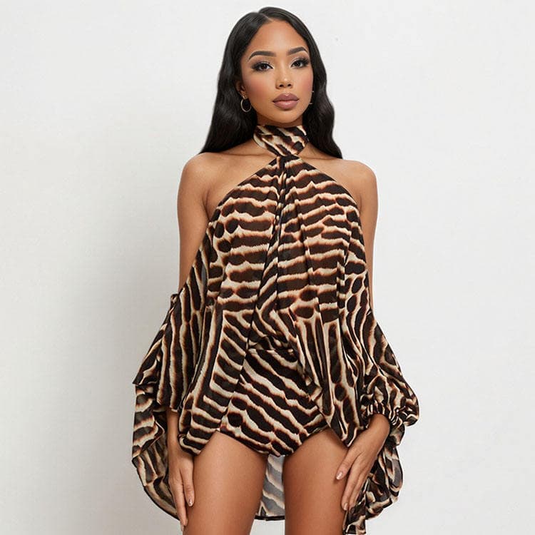 Wenshuo Zebra Print Halter Dress Wholesale Backless Mini Dress Custom logo Loose Summer Dress Factory Directly