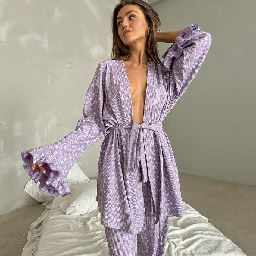 Purple Soft Women Two Piece Suit Loose Robe Manufacturer Short Waist Belt Nightgown Factory Directly