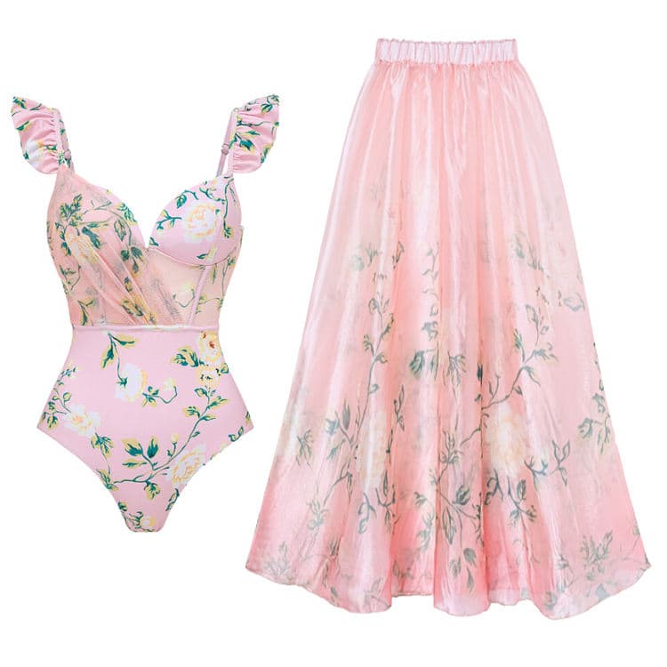 2024 Europe Style New Swimsuit Mini Ruffled Sweet pink Flowers Beach Vacation 2 Piece Swimsuit Set