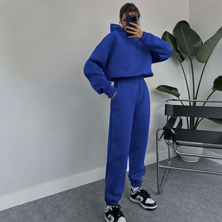 Autumn and Winter New Solid Color Hooded Long Sleeve Sweatshirt Set Casual Long Pants Set Jogging Suit