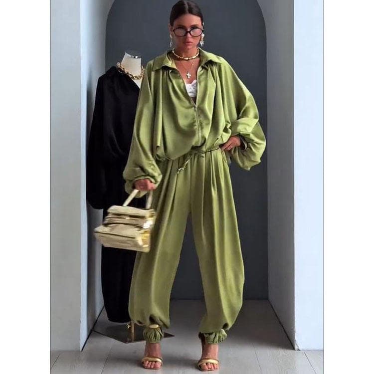 Wenshuo Women 2026 New Fashion Satin Casual Set Loose Long Sleeve Cardigan and Trousers Solid Color Women 2piece Set