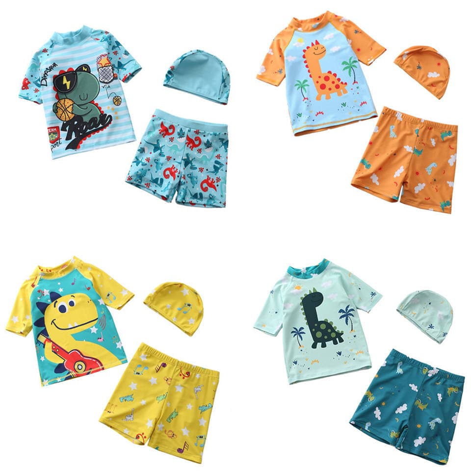 New Children Boys Two Piece Swimsuit With Hat Dinosaur Shark Print Baby Swimwear