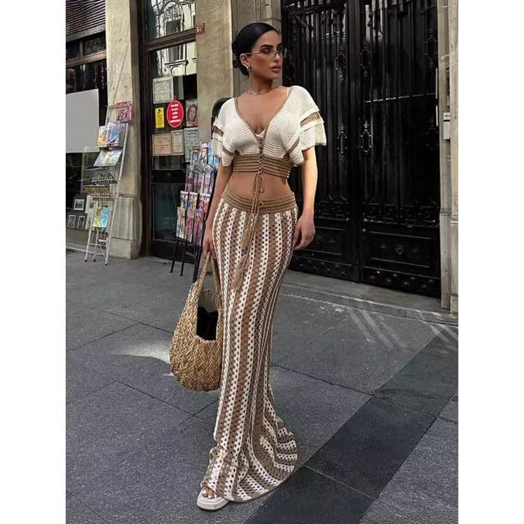 Summer New Womens Sexy Deep v Neck Knit Set Hollow Striped Ladies Knitted Long Skirt Set Fashion Casual Women Set