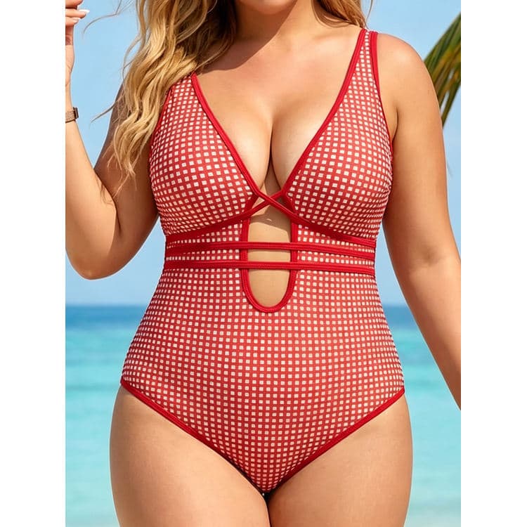 New Sexy Hellow Plus Size One Piece Swimsuit Red Checkered Deep-V Bikini with Crisscross Sexy Vacation Swimwear