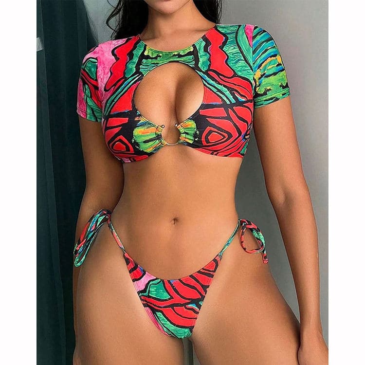 Short Sleeve Ring Bikini Multi Color Sexy Two Pieces Swimsuit Bikini G-string