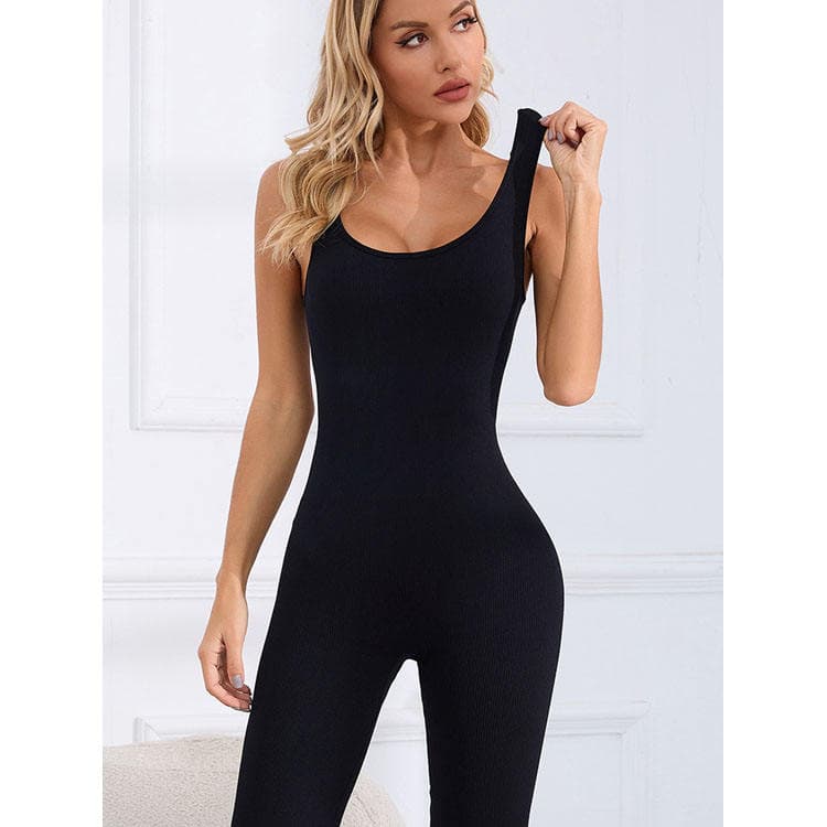 Sleeveless Solid Black Yoga Jumpsuit Sports Fitness Sexy Hip Lifting Flared Pants Tight Women Jumpsuit