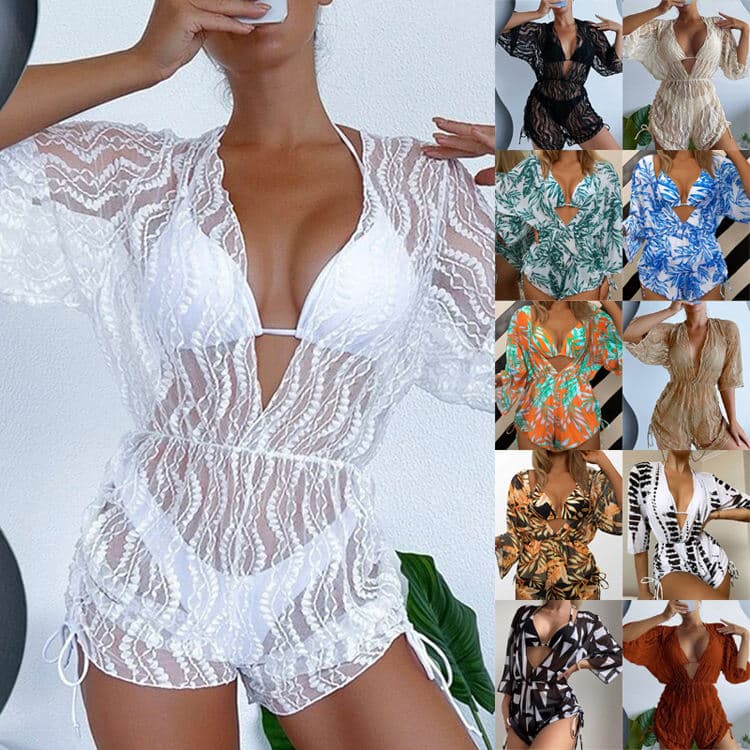 2025 Swimwear Manufacturer Long Sleeve Mesh Waist Beach Suit High Waist Floral Print 3 Piece Bikini Set