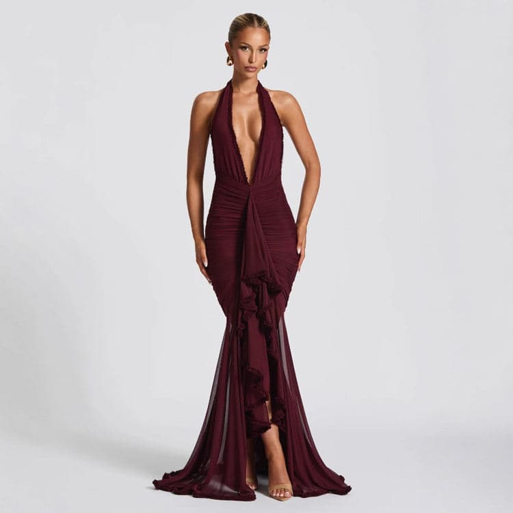Wholesale Sexy Solid Color Dresses High End Slimming Lace Long Dresses Sexy Deep V Dress