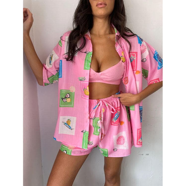 Loose 2024 New Fashion Loungewear Printed Short Sleeve Shirt Drawstring Pant Women Two Piece Sets