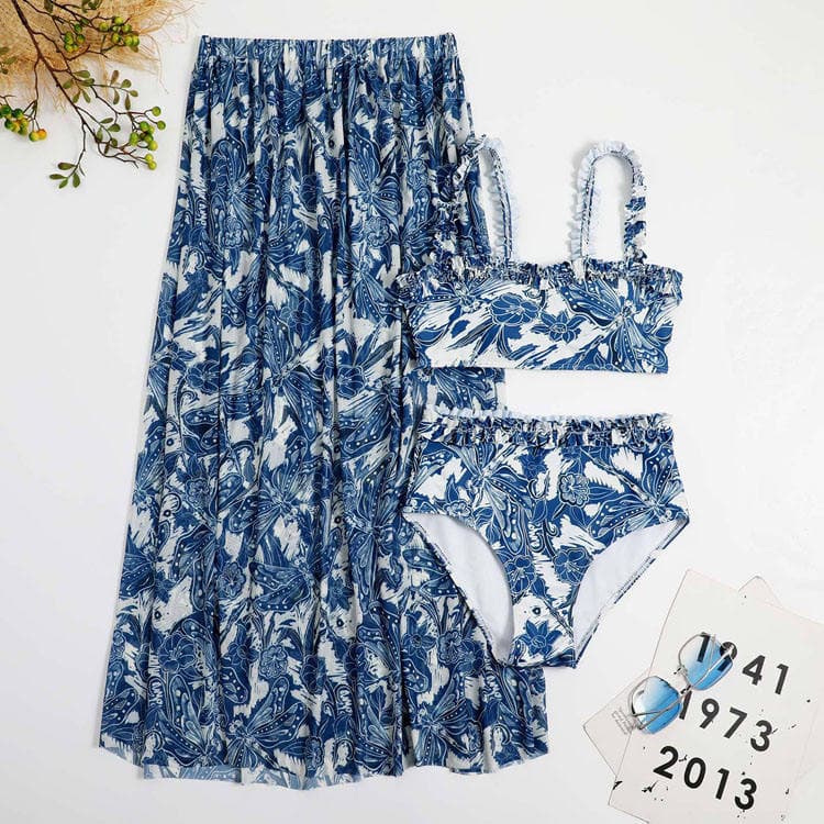 2023 New Vintage Printed Beach Bikini Lace Trimmings Bikini for Girls